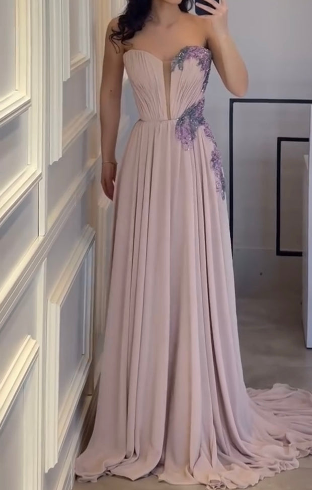 Fashionable Elegant Tube Top Beads Rhinestones Pleated Dress