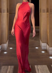 Elegance Sleeveless Halter Slim Fit Backless Satin Fashion Simple Fishtail Hip Bag Dress