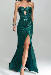 Sexy Tube Top Hollow-out Sequin Slit Dress