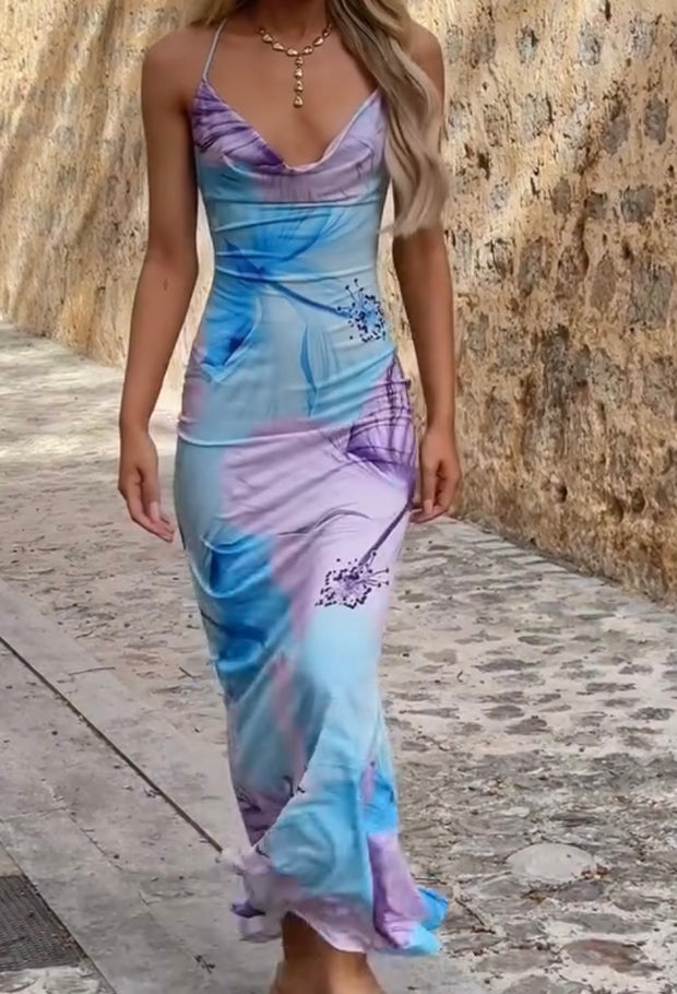 Sexy Suspender Waist Gradient Printing Dress