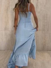 Fashion Lace Stitching Suspender Skirt Long Skirt Single-Breasted Sleeveless Dress