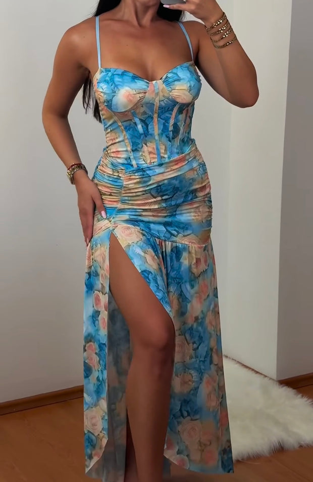 Sexy Spaghetti-Strap Floral Print Vacation Beach High Waist Slimming Slit Dress