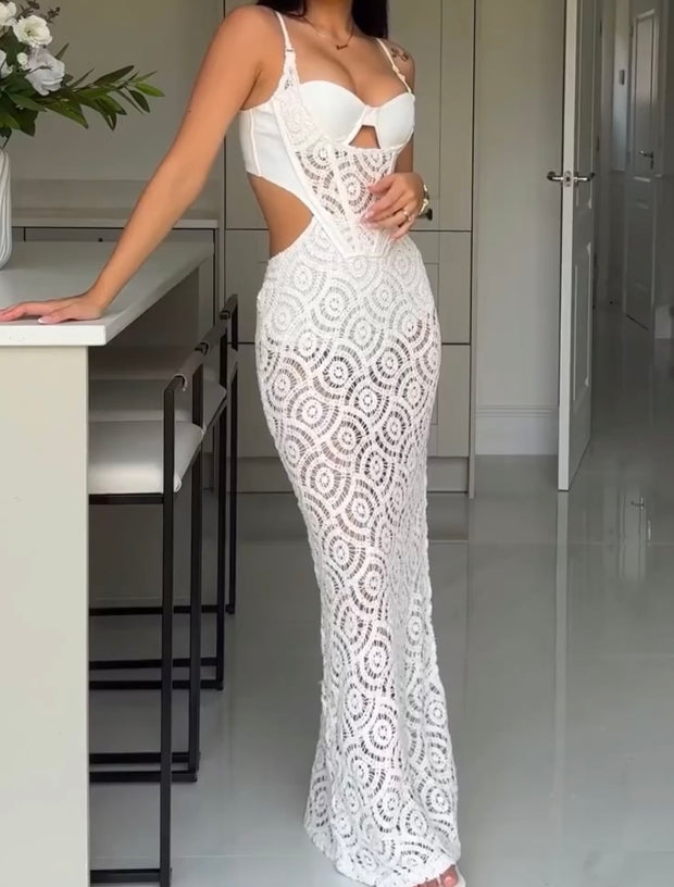 Sexy Spaghetti Straps Chest Wrap Lace Stitching Hollow-out Dress