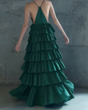 V-neck Halter Lace-up Sleeveless Ruffled Cake Waist-Tight Dress