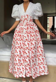 Printed Peter Pan Collar Waist Slimming Graceful Puff Sleeve Dress