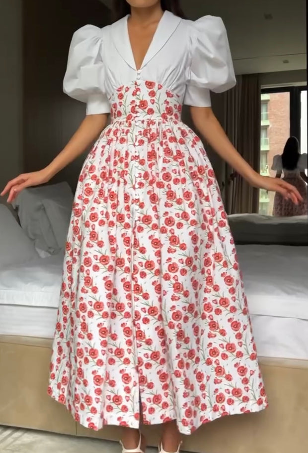 Printed Peter Pan Collar Waist Slimming Graceful Puff Sleeve Dress