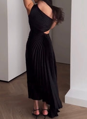Slim-Fit Slant Shoulder Hollow Pleated Dress