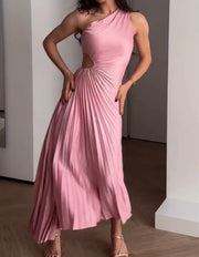 Slim-Fit Slant Shoulder Hollow Pleated Dress