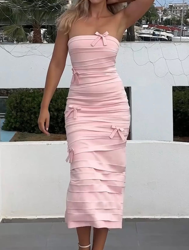Niche Pure Desire High Sense Sleeveless Tube Top Pink Striped Bow Long Dress