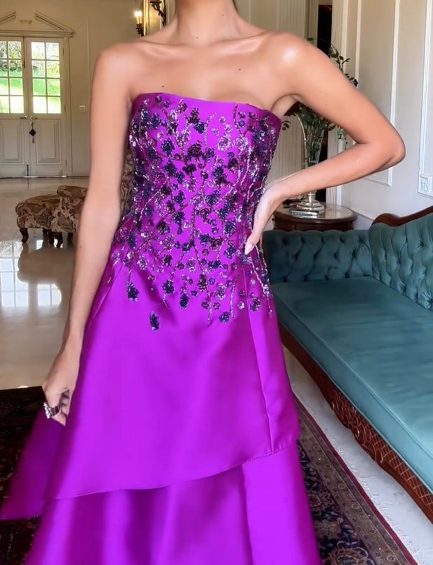 Elegant Exquisite Rhinestone Sequined Satin Long Dress