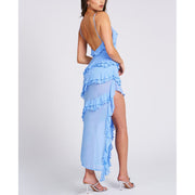 Slingback ruffled dress with slit hem