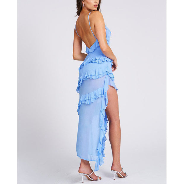 Slingback ruffled dress with slit hem
