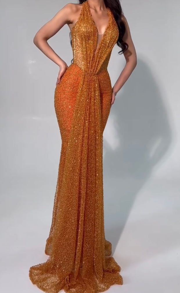 Elegant Halter V-neck Hip Tight Glitter Dress