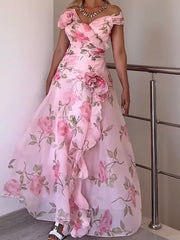 Graceful and Fashionable High Waist Print Three-Dimensional Flower Dress