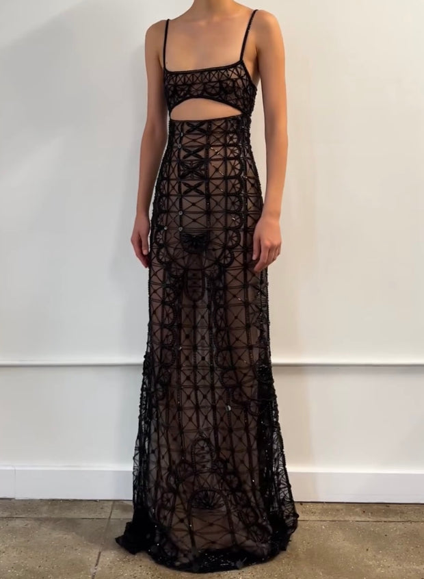 Sexy Spaghetti Straps Chest Wrap Lace Plaid See-through Dress