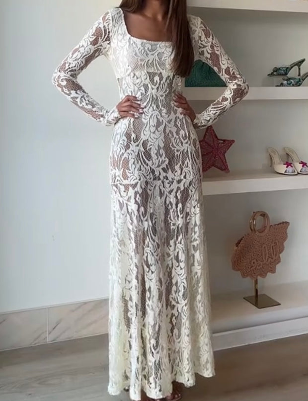 Hollow-out Elegant Elegant Long Sleeve Lace Formal Dress