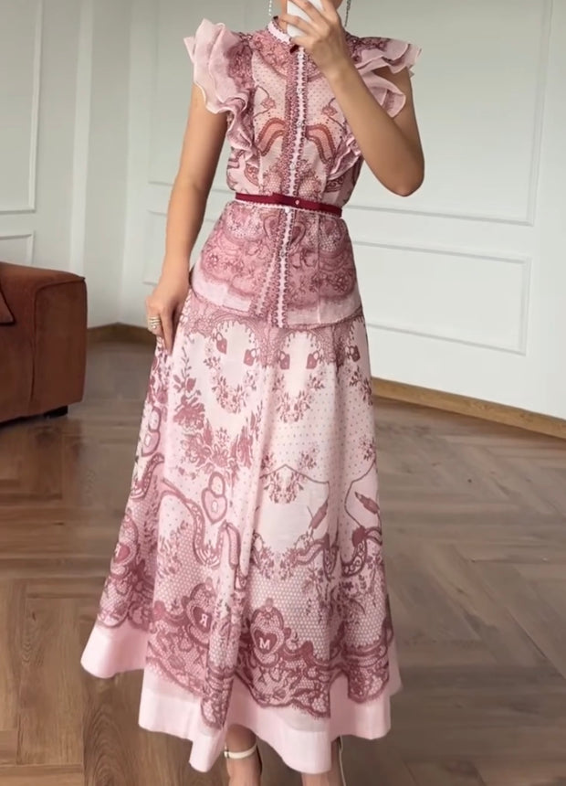 Stand Collar Ruffle Top High Waist Three-Dimensional Mid-Length Dress Set