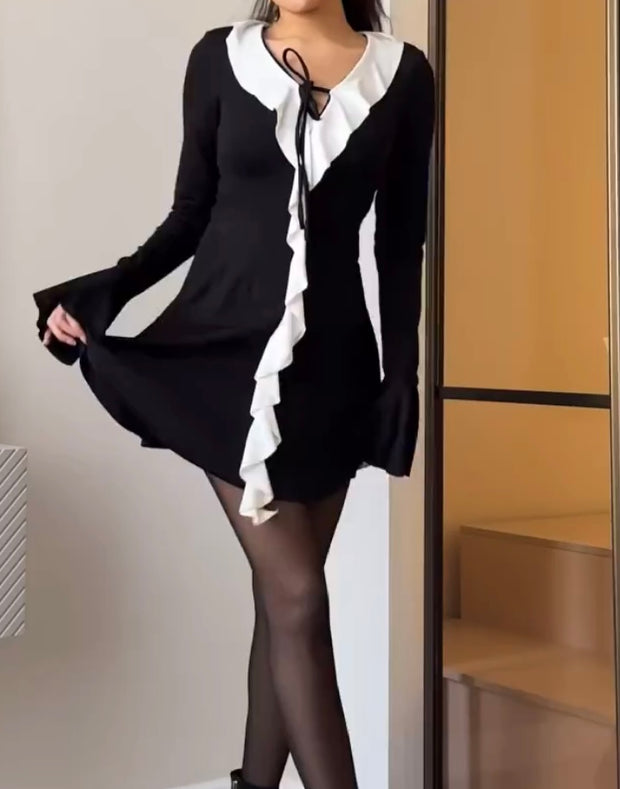 Ruffled Pointed Collar Rope Bell Sleeve Dress