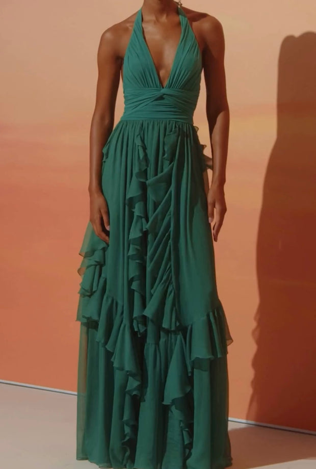 Halter Vacation Style Waist Trimming Ruffles Waist-Slimming Long Dress