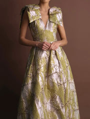 Printed Bow Sleeve Lace-up Elegant Long Dress