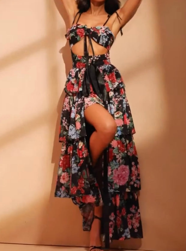 Women's Floral Skirt Sexy Print Bandeau Sling Cake Dress Dress