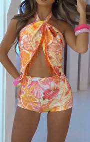 Sexy Halter Printed Orange Hollow Two-Piece Set