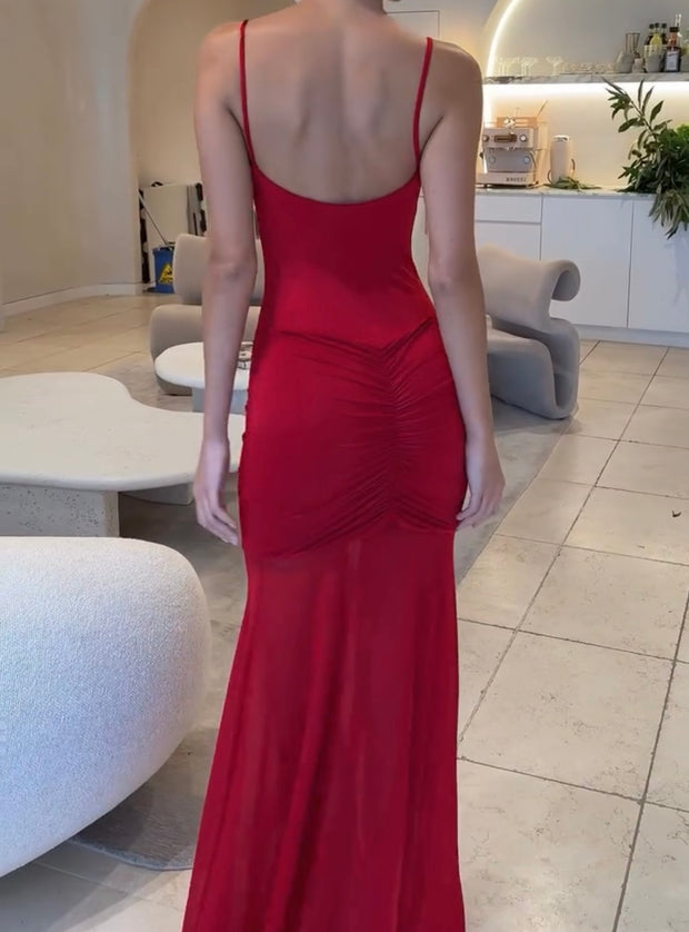 Sexy Cutout Sling Pleated Backless Stitching Mesh Long Dress