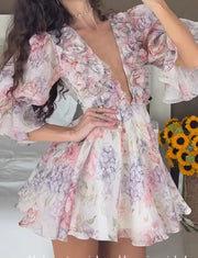 Pink Deep V Print Dress