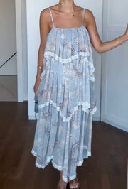 Printed Laminated Decoration Style Chiffon Mesh Backless Sling Dress