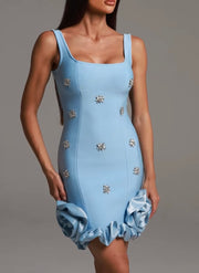 Blue Sleeveless Vest Spaghetti-Strap Ruffle Mini Dress