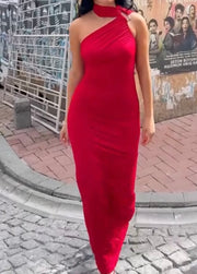 Fashionable Elegant Slim Fit Diagonal Collar Halter Sleeveless Dress