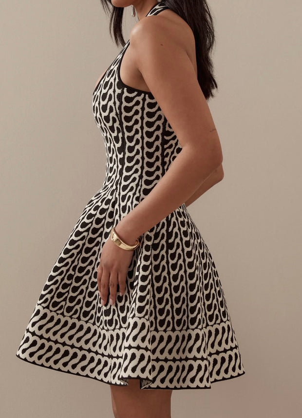 Halterneck with Suspenders Sexy Slim Fit Backless Black Striped Dress