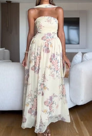 Waist Trimming Printing Sleeveless Pleated Formal Dress