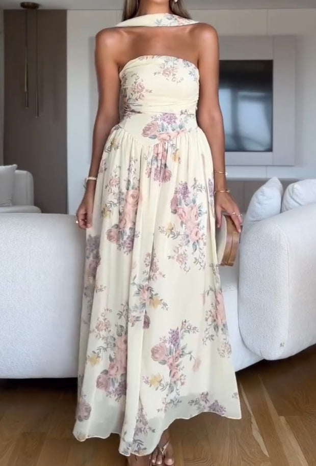 Waist Trimming Printing Sleeveless Pleated Formal Dress