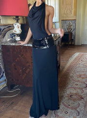 Fashion Sexy Backless Waist Trimming Stitching Sleeveless Dress