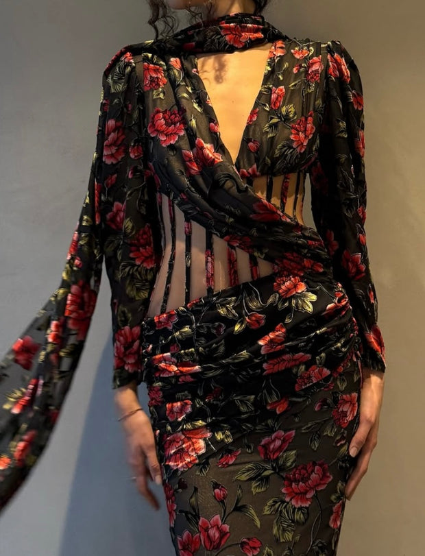 Sexy Fashion Long Sleeve Fish Bone Print Hollow out V-neck Dress