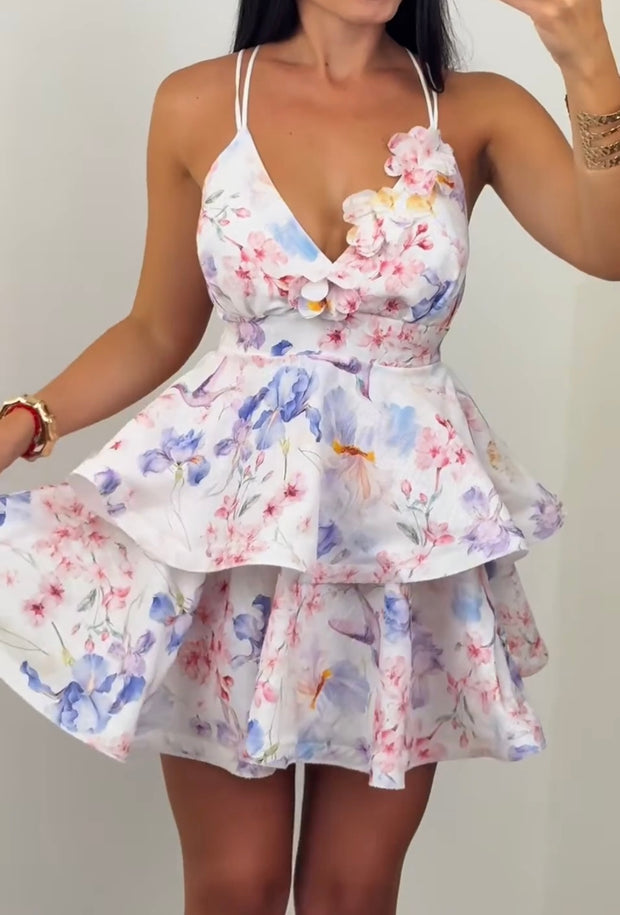 Sexy Temperament Sling Three-Dimensional Flower Printing Cake Dress