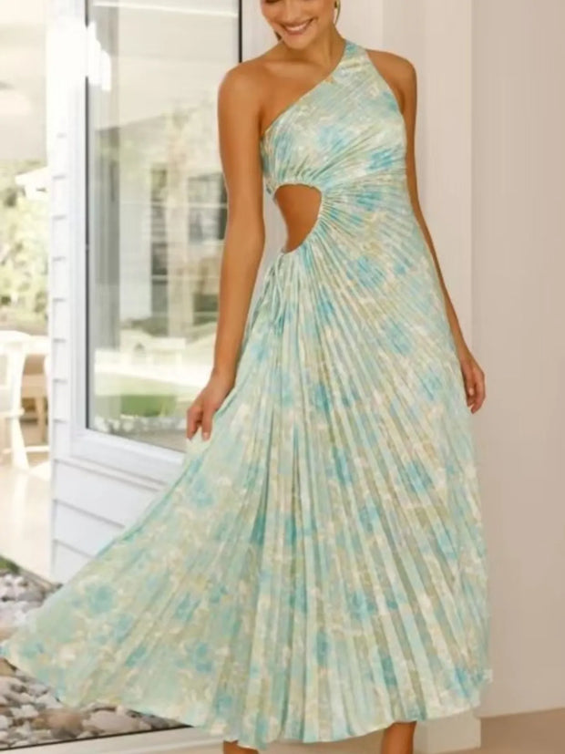 Full Size Single Shoulder Pleated Midi Dress Plus Size