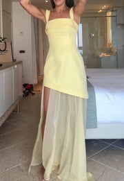 Sexy Solid Color Sleeveless Stitching Mesh Slit Slim-Fitting Dress