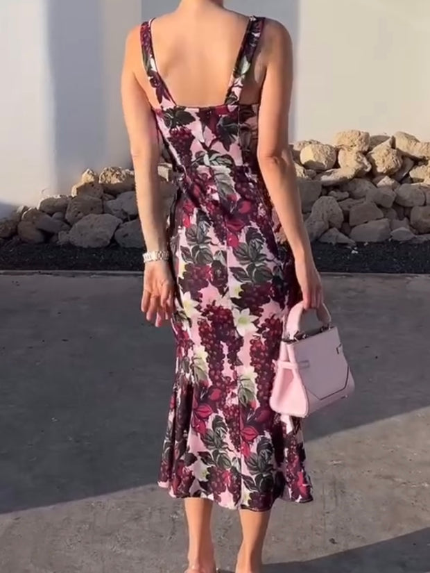 Elegant Spaghetti-Strap Floral Print Dress