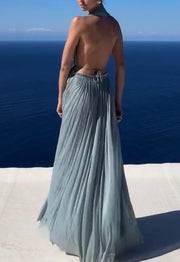 Halter Backless Sleeveless Pleated Dress