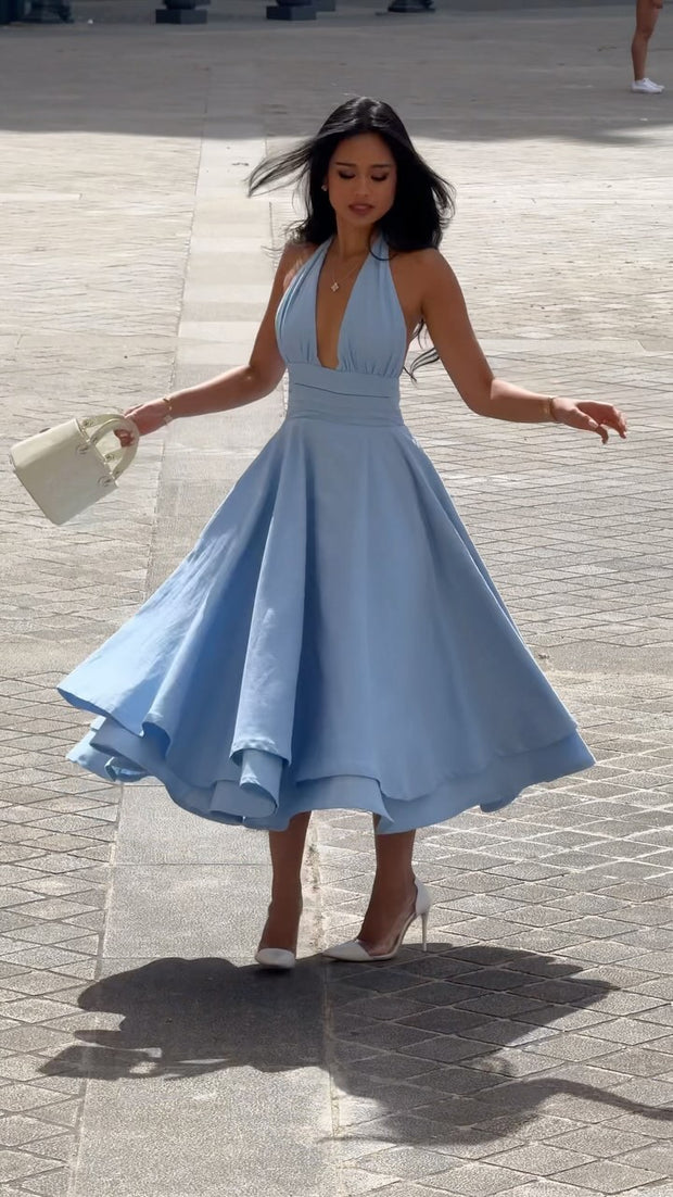 Fashion Halter Backless Pure Color Ruffles Large Swing Dress