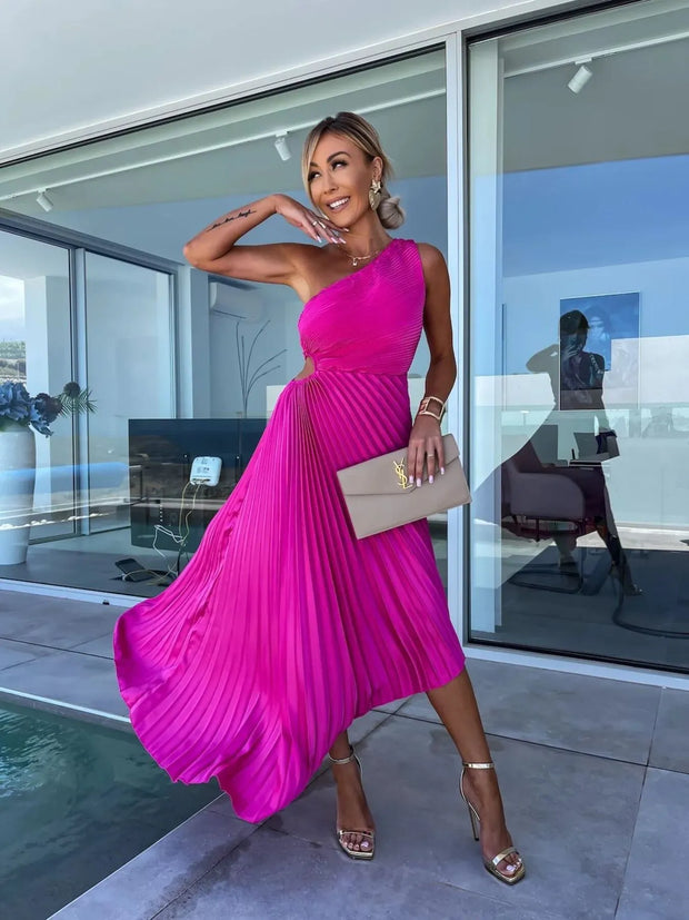 Full Size Single Shoulder Pleated Midi Dress Plus Size