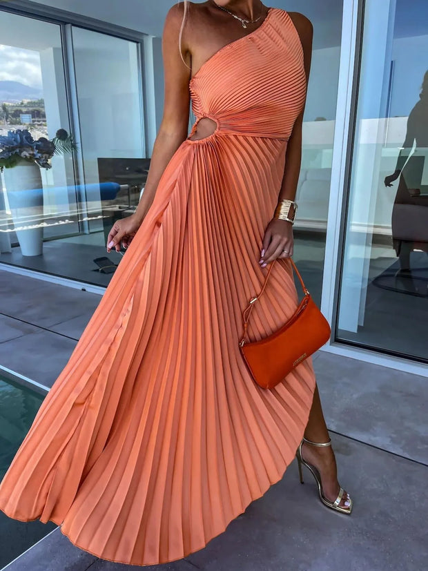 Full Size Single Shoulder Pleated Midi Dress Plus Size