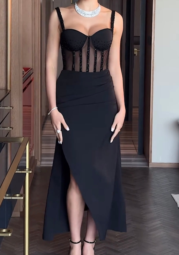 Elegant Temperament Drill Chain Fishbone Slim Fit Sleeveless Split Dress