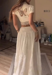 Lace Stitching Butterfly Hollow Short Sleeve High Waist Skirt Suit
