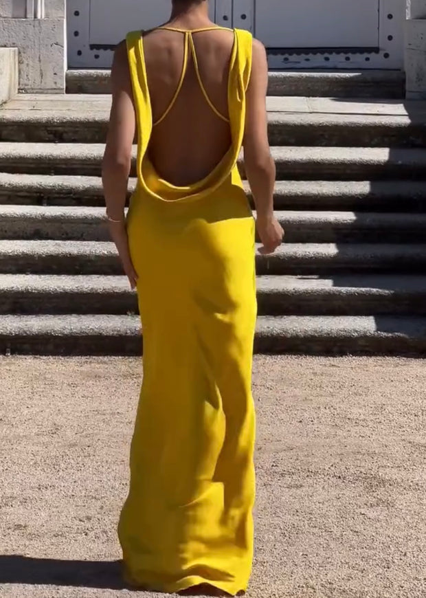 Solid Color Sexy Swing Collar Bare Back Strap Hip Bag Dress