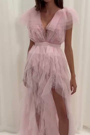 Sexy V-neck Lace-up Irregular Mesh Evening Dress