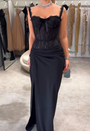 Sexy Lace Stitching Lace Collar Straps Tulle See-through Dress