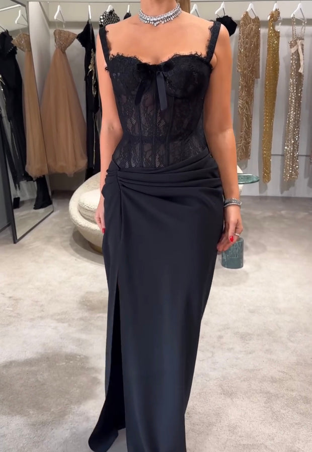 Sexy Lace Stitching Lace Collar Straps Tulle See-through Dress